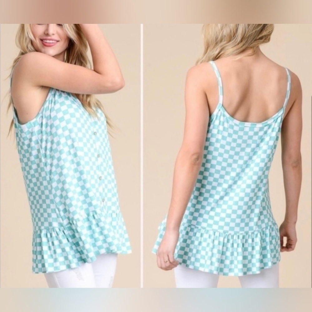 New Kfab Designs gingham pattern ruffled hem button detail adjustable strap top